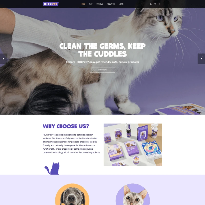 HICCPET online store with pet care products and a cat in the hero image